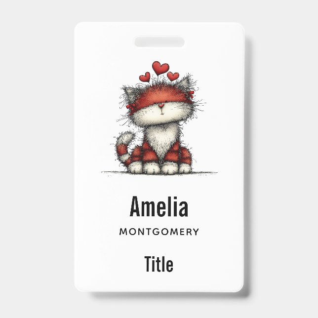 Badge Chat avec des cœurs rouges mignon et amusant (Avant)