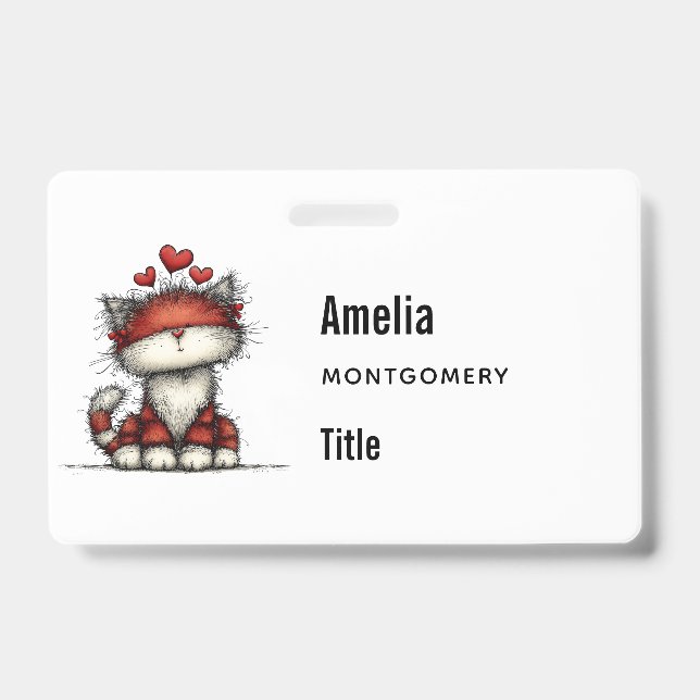 Badge Chat avec des cœurs rouges mignon et amusant (Avant)