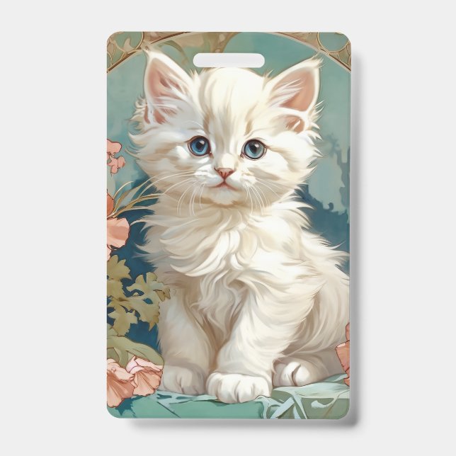 Badge Chat blanc de style Alphonse Mucha (Avant)