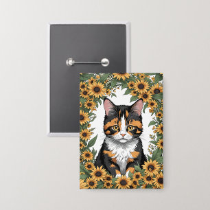 Badge Chat calicot du Maryland et fleurs de Susan aux ye