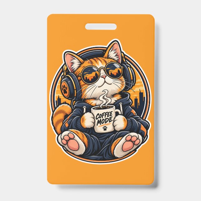 Badge Chat de la mode urbaine cool buvant du café (Avant)