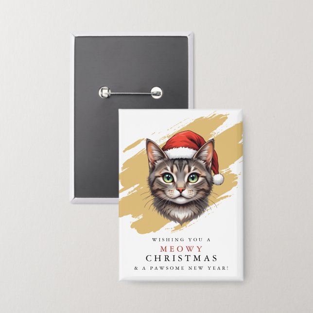 Badge Chat de Noël mignon moderne avec chapeau de Père N (Recto/Verso)