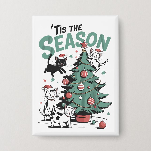 Badge Chat de Noël Rétro C'est La Saison Meowy Catmas  (Recto)