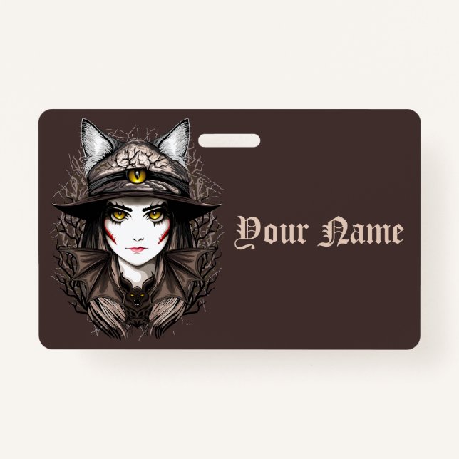 Badge Chat de sorcière Halloween Déplaisant Portrait mig (Devant)