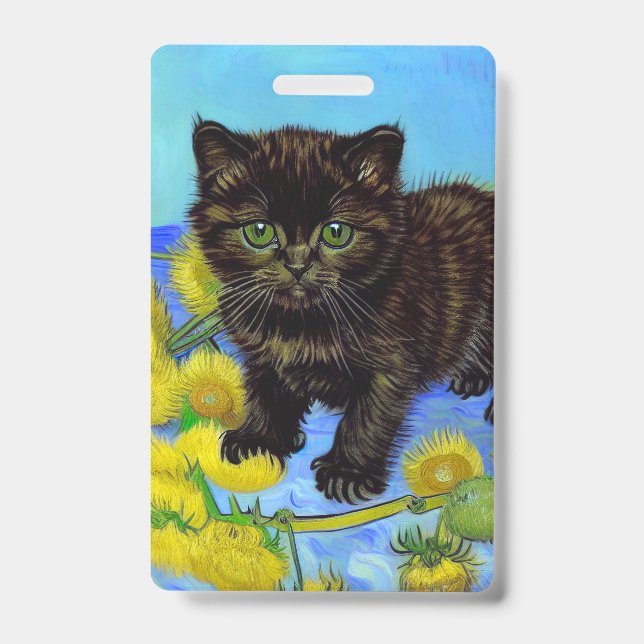 Badge Chat de style Van Gogh avec tournesols (Avant)