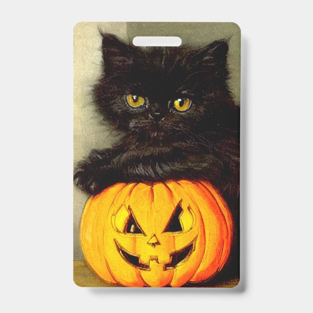 Badge Chat d'Halloween vintage et lanterne Jack-o’ (Avant)