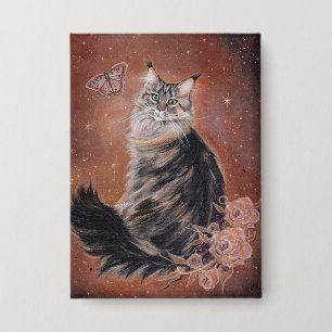 Badge chat Maine coon avec art de fleurs par Renee