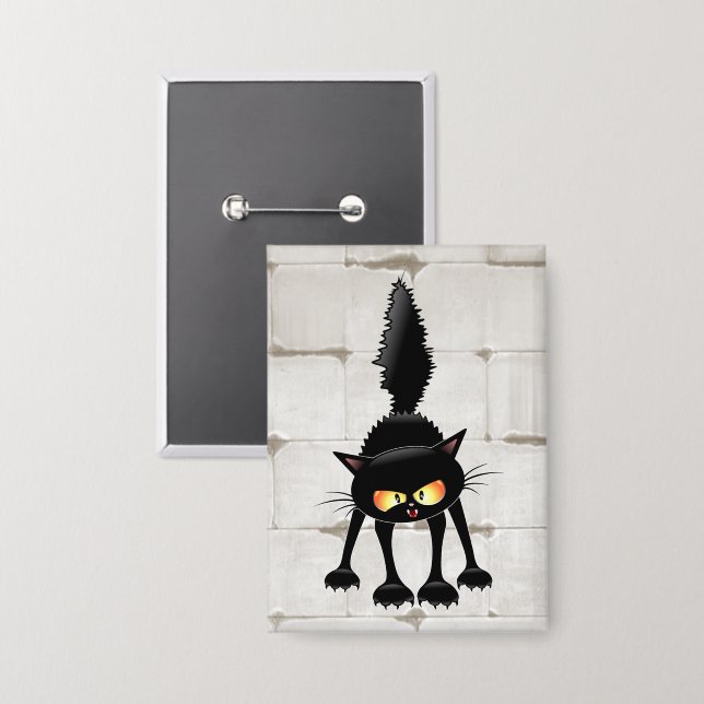 Badge Chat noir de dessin animé drôle et féroce  (Recto/Verso)