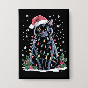 Badge Chat noir Noël Chapeau de Père Noël Drôle Meowy Ch