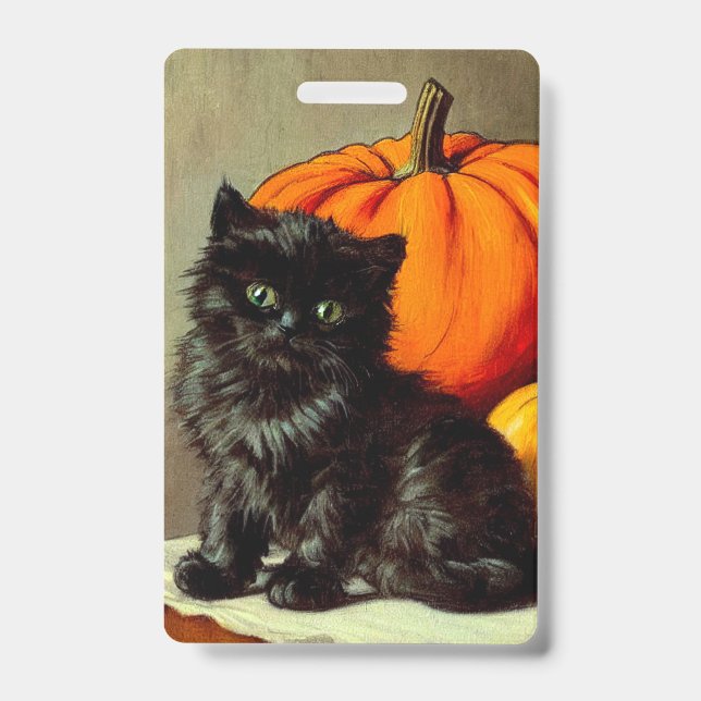 Badge Chat noir vintage d'Halloween et Citrouilles (Avant)