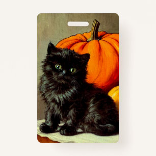 Badge Chat noir vintage d'Halloween et Citrouilles