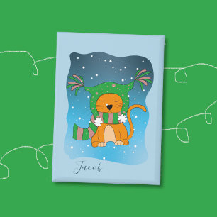 Badge Chat roux dans la neige Bouton Enfant Hiver Bleu