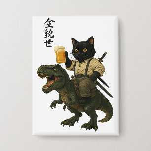 Badge Chat Samouraï avec Bière & T-Rex Art Japonais Ré