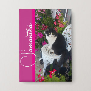 Badge Chat smoking Cats et Fleurs Filles Nom Rose foncé