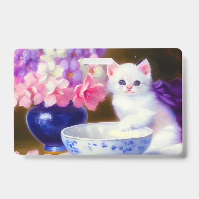 Badge Chaton Blanc Vintage avec Ruban Violet (Avant)