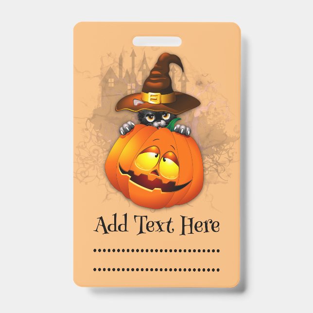 Badge Chaton Mignon Sorcier d'Halloween et Ami Citrouill (Avant)