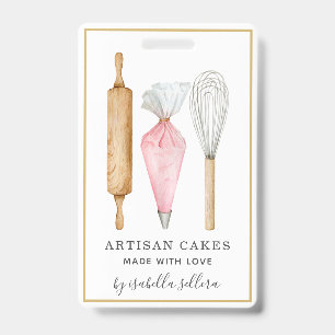 Badge Chef Pâtissier Aquarelle Ustensiles de Cuisine Bou
