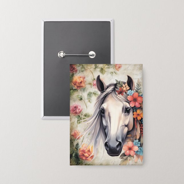 Badge Cheval blanc dans les fleurs. (Recto/Verso)