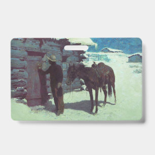 Badge Cheval et Cowboy sous la neige hivernale