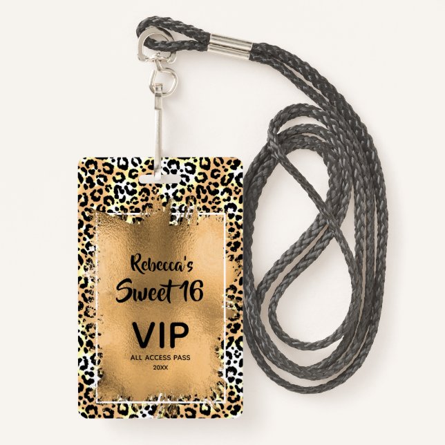Badge Chic Leopard Sweet 16e Anniversaire Invitation VIP (Devant avec lanière)