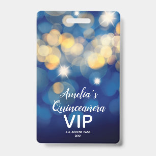 Badge Chic Navy Gold Bokeh Quinceañera Invitation VIP Pa