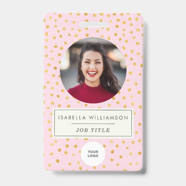 Badge Chic Pink Gold Dot Employé Photo ID Entreprise  (Face)