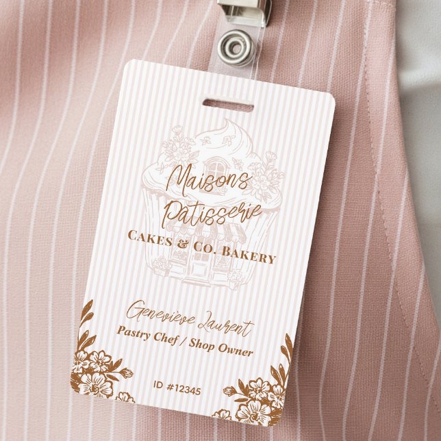 Badge Chic Pink Stripe Cupcake Bakery Business Employee (Chic Pink Stripe Cupcake Bakery Business Employee Badge)