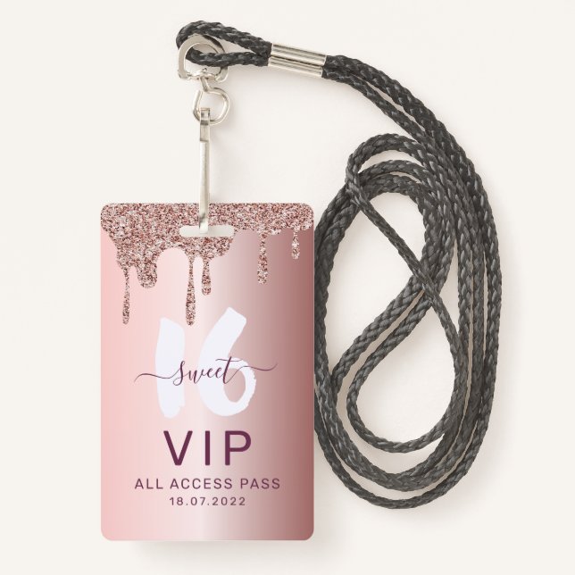 Badge Chic Sweet 16 Parties scintillant rose VIP Invitat (Devant avec lanière)