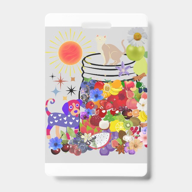 Badge chien, chat, et fruits et fleurs (Avant)