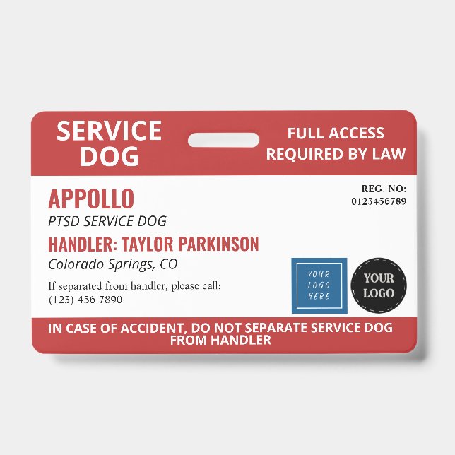 Badge Chien de service Rouge Blanc 2 Logos Sans Photo ID (Avant)