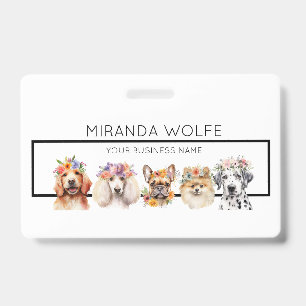 Badge Chiens adorables avec couronne de fleurs, aquarell