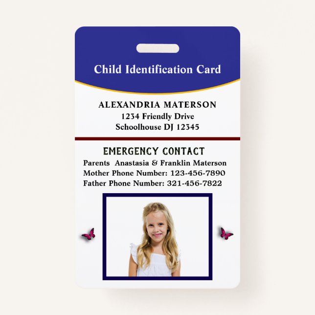 Badge Child Kid ID Identification Emergency Card  (Devant)