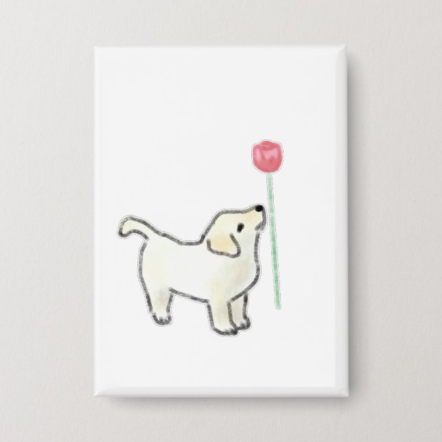 Badge Chiot Blanc Sentant une Fleur Rose (Recto)
