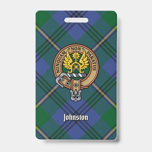 Badge Cimier du clan Johnston sur tartan (Avant)