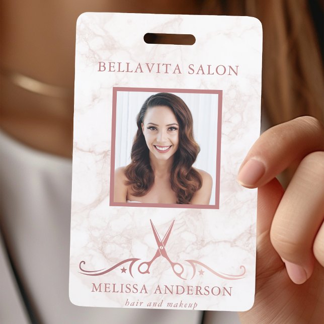 Badge Ciseaux en marbre Rose Gold Photo Coiffeur (Créateur téléchargé)