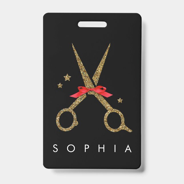 Badge Ciseaux pailletés dorés - Coiffeur NOM (Avant)