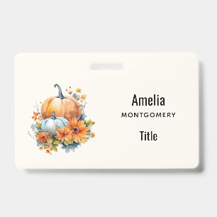 Badge Citrouilles d'automne avec fleurs et feuillage