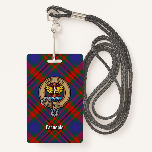 Badge Clan Carnegie Crest sur Tartan (Devant avec lanière)