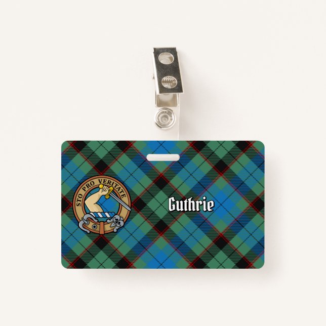 Badge Clan Guthrie Crest sur Tartan (Devant avec clip)