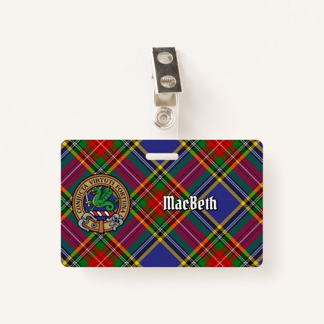 Badge Clan MacBeth Crest sur Tartan (Devant avec clip)