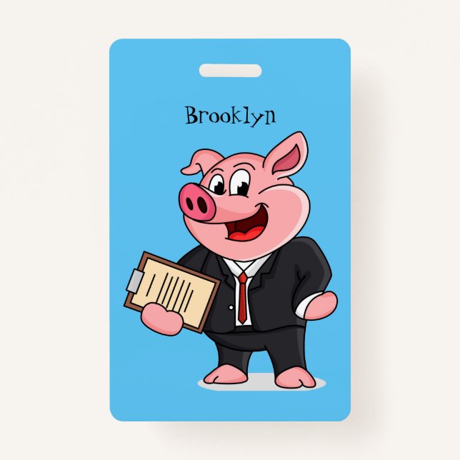 Badge Cochon amusant en costume d'affaires dessin animé (Devant)