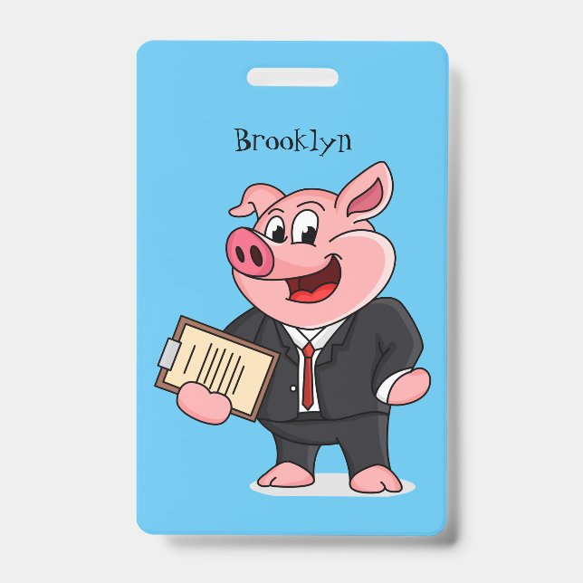Badge Cochon drôle en costume cravate dessin animé (Avant)
