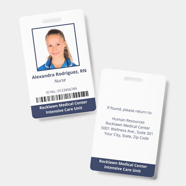 Badge Code-barres de photo d'employé Blanc Bleu ID d'hôp (Avant & arrière)