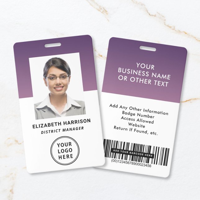 Badge Code-barres du logo de l'entreprise violet Carte d (Business Logo Barcode Purple Employee Photo ID Badge)