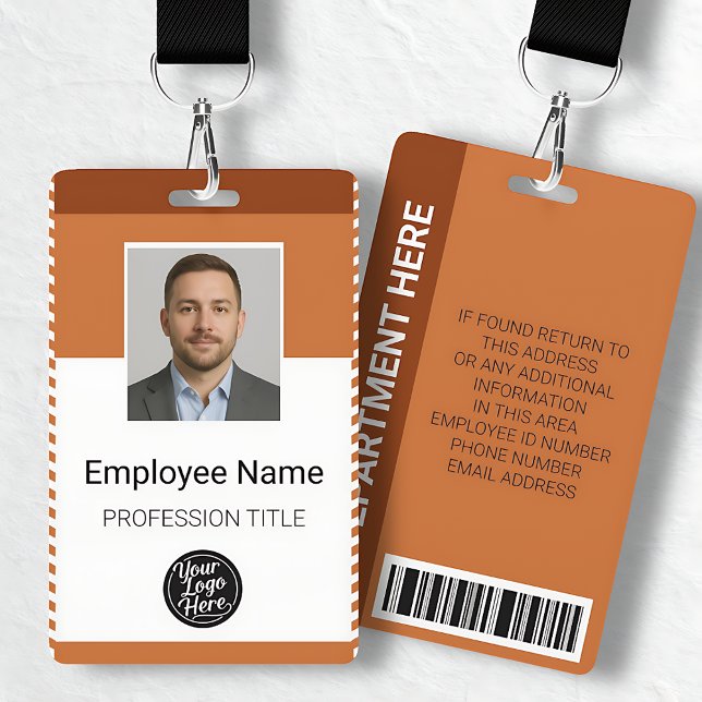 Badge Code-barres personnalisé du nom de l'employé avec  (Custom Orange Modern Photo Employee Name Barcode Badge)