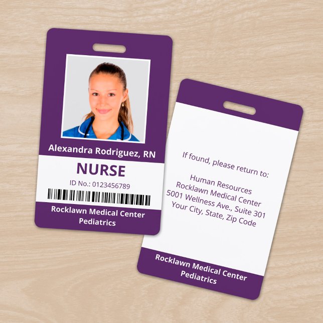Badge Code-barres photo d'employé ID médical violet blan (Employee Photo Barcode Purple White Medical ID Badge, front/back)
