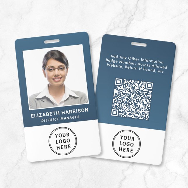 Badge Code QR de logo d'entreprise bleu Carte d'identité (Business Logo QR Code Blue Employee Photo ID Badge)