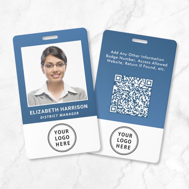 Badge Code QR de logo d'entreprise bleu Carte d'identité (Business Logo QR Code Blue Employee Photo ID Badge)