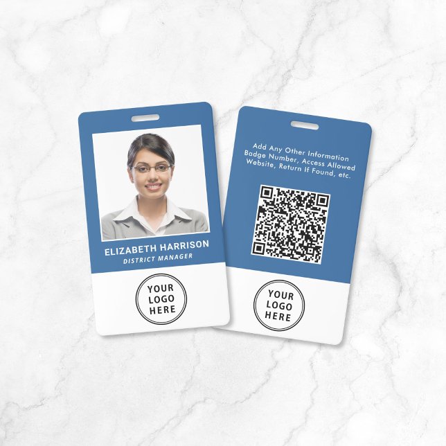 Badge Code QR de logo d'entreprise bleu Carte d'identité (Business Logo QR Code Blue Employee Photo ID Badge)