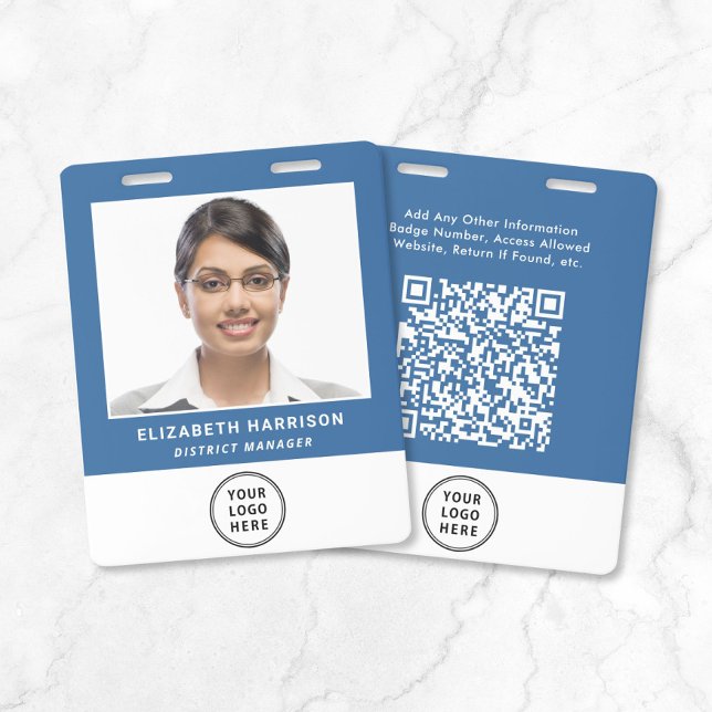Badge Code QR de logo d'entreprise bleu Carte d'identité (Business Logo QR Code Blue Employee Photo ID Badge)